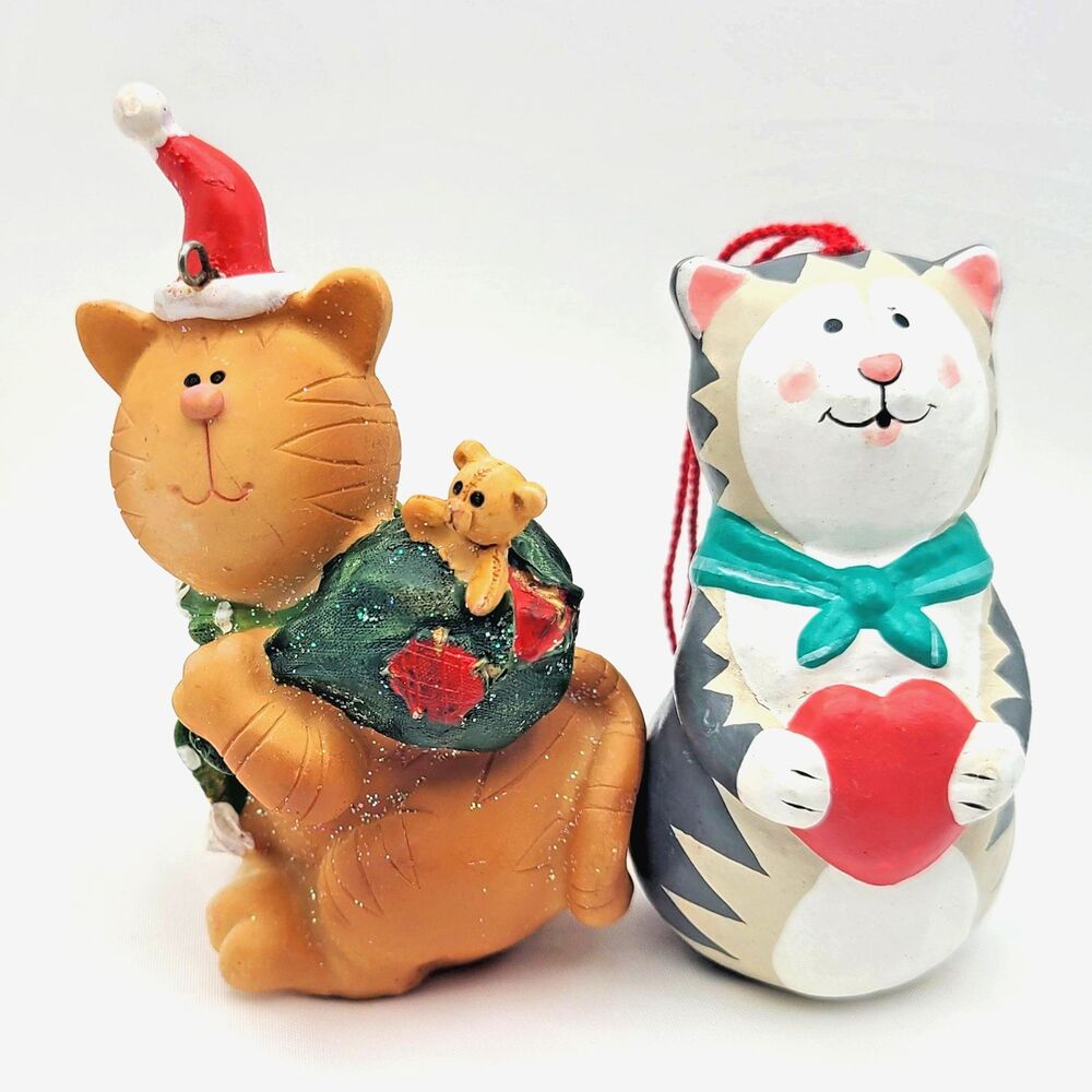 Lot of 2 Cat Christmas Ornaments – Santa Sack Kitty & Heart Kitty Tree Décor
